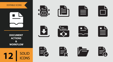 Comprehensive set of solid icons for document management, actions, and workflow processes