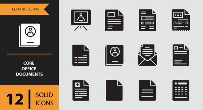 Core office documents and business paperwork solid icons for modern digital design