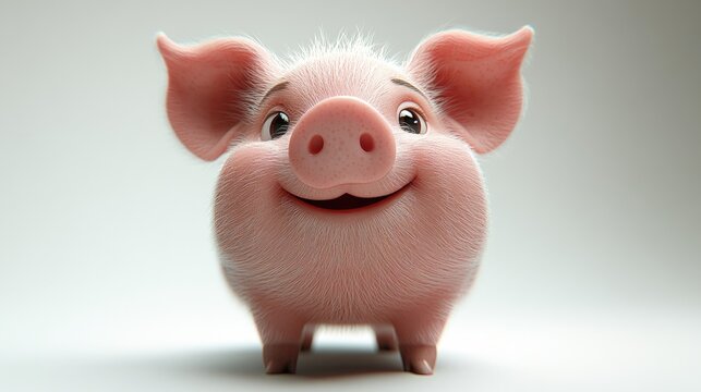 A cartoon pink pig with big eyes and expressive eyebrows giving a cheerful, smiling look.