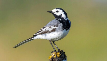 A close-up side profile of a small bird with a black and white head and back, perched atop a wooden post