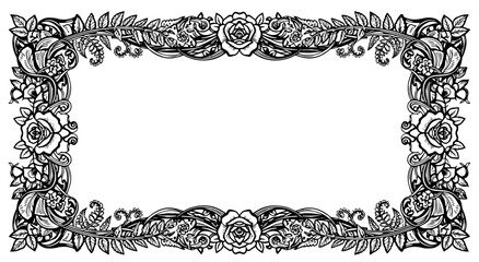 Intricate black and white floral border with ornate roses and leaves