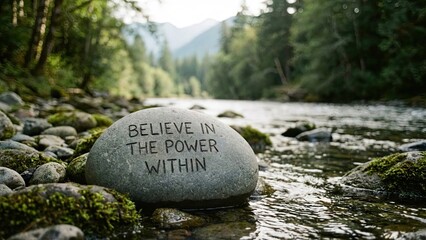 A stone inscribed with 'Believe in the Power Within' rests in a flowing river surrounded by lush forest and mountains.