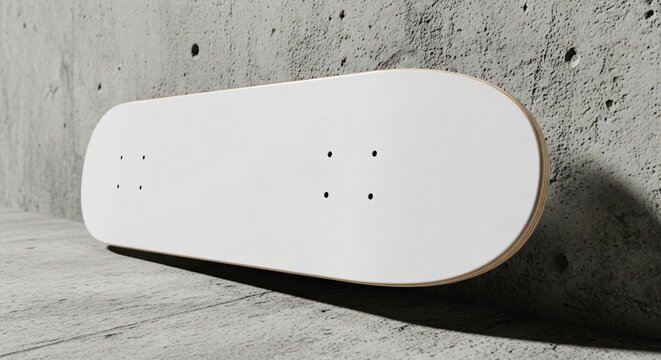 Blank white skateboard deck leaning against a textured concrete wall, ready for custom design or branding mockup