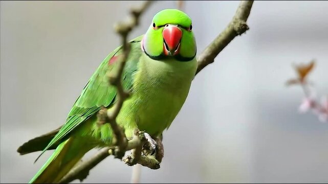 Closeup of a rose-ringed parakeet (Psittacula krameri) perching on a tree branch