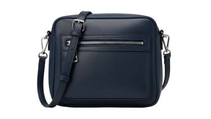 A navy blue rectangular leather crossbody bag with a front zipper pocket, a long strap