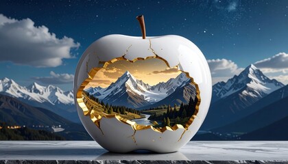 White ceramic apple with cracked golden edges reveals miniature snowy mountain range under starry night sky