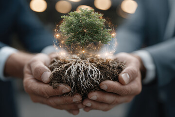 a tree in the hands of businessmen. Concept of protecting the global environment.