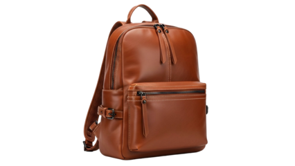 Luxurious brown leather backpack with multiple compartments, side pockets, & a top handle