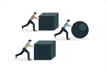 icon work design Business concept cartoon of a businessman pushing a sphere leading the race against a group of slower businessmen pushing boxes. Winning strategy, efficiency, innovation in business c