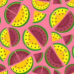 a pattern with no background, depicting slices of red and yellow watermelon with seeds