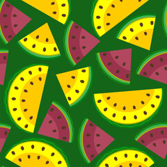 a pattern with no background, depicting slices of red and yellow watermelon with seeds