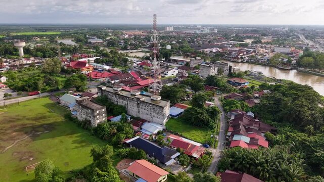 Aerial Bandar Baharu, Kedah town with village house and tele tower.