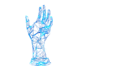 Futuristic glowing digital trophy held in polygonal hand representing technology achievement success award isolated on clean white background