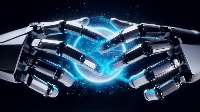 Robotic Hands Holding a Glowing Digital Sphere of Connection