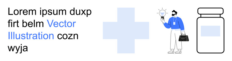 Fototapeta premium Healthcare, innovation, prevention, pharmacy, medical ideas, and safety. Cross symbol, doctor holding a light bulb and medicine bottle. Healthcare and innovation concept