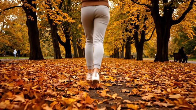 Woman runs through autumn park with fallen leaves. Runner jogs on path covered in autumn foliage. Woman exercises in park during fall. Autumn jogging through leaves in park. Fall running outdoors.