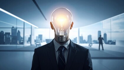 Businessman wearing a formal suit with a glowing light bulb instead of a head standing in a modern office space