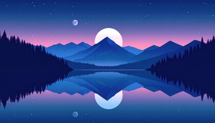 Minimalist vector art showing blue mountain range and trees reflected in calm lake under starry night sky