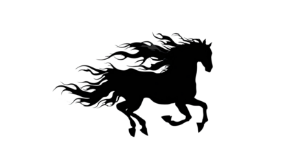 A wild black stallion horse silhouette vector illustration depicts a powerful animal running in a gallop with a flowing mane and tail for an elegant equestrian nature design art