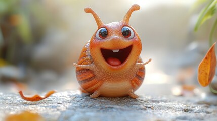 A cheeky, cartoon‑styled snail with a glossy orange shell and big expressive eyes smiles happily as it glides forward.