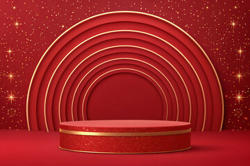 Elegant Red Podium with Golden Rings and Glittering Background for Product Display.