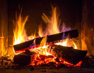 A close-up view of a cozy fireplace, showcasing roaring flames engulfing burning logs in a dark brick hearth