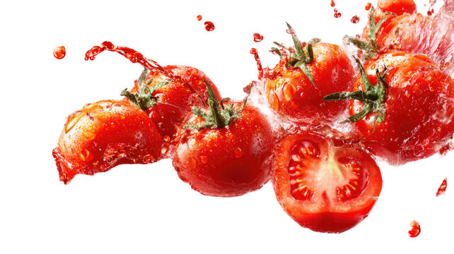 Fresh ripe strawberries and cherry tomatoes splash into water, creating a healthy juicy burst of organic red fruit and vegetables isolated on a white background for a raw vegetarian diet - Powered by Adobe