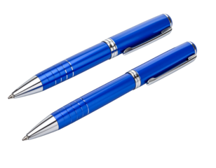  Blue metal pen with chrome accents isolated on transparent background