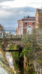 A view from the city walls under the bridge over the Shropshire Union Canal at Northgate Street in the city of Chester, Cheshire, UK