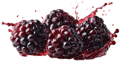 Fresh ripe pomegranate and juicy blackberries with green leaves are isolated on a white background in a macro closeup of organic raw fruit