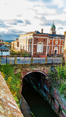 A view from the city walls down the Shropshire Union Canal as it passes Northgate Street in the city of Chester, Cheshire, UK