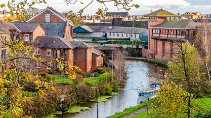 A view from the city walls down the Shropshire Union Canal as it leaves the city of Chester, Cheshire, UK