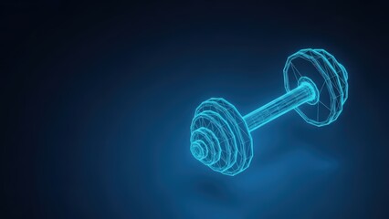 A glowing blue digital wireframe dumbbell for fitness training and strength exercises