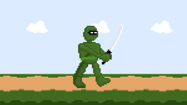 Pixel art animation of a green ninja walking on the grass with his katana.