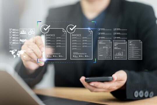 Accountant inspecting digital invoice form regarding online business money payment management system utilizing enterprise company finance cost account technology pay