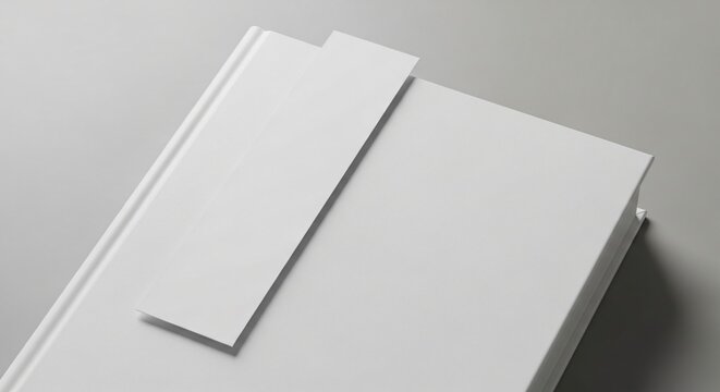 Closeup view of a blank white book with a bookmark, resting on a light grey surface, ideal for mockups and branding