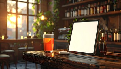Laptop on Bar Counter with Drink.