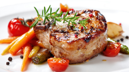 Delicious gourmet dinner of grilled beef steak served on a white plate with roasted vegetables and a fresh tomato salad in a restaurant style dish