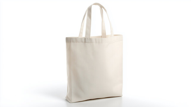 Eco-friendly shopping bag, plain canvas tote bag standing upright on white background.