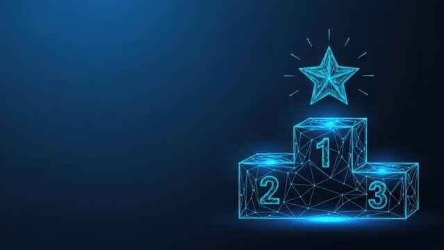 A glowing star rests atop a digital podium with first and second place markers signifying achievement and victory on a dark blue background