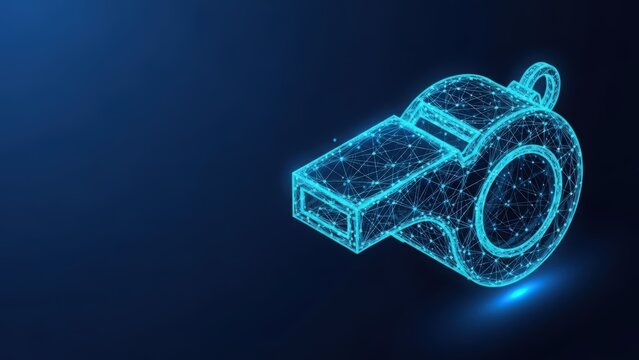 A luminous blue digital wireframe of a sports whistle glowing against a dark background