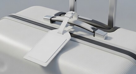 Closeup of a white hardshell suitcase with a blank luggage tag, perfect for travel, identification, and personal belongings