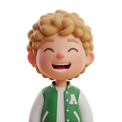 3D Happy Boy Character in Green Varsity Jacket Transparent