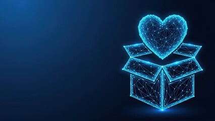 Abstract glowing blue heart emerging from an open wireframe box against a dark digital background