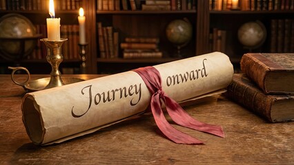 A vintage calligraphic scroll bearing the words Journey onward tied with a ribbon in a dimly lit library setting with books and a globe