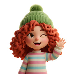 3D Girl Character Wearing Beanie Waving Hand Transparent
