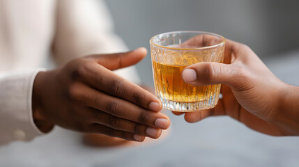 Faceless man refuse to drink alcohol, saying no to friend visualization, substance abstinence concept, responsible decision representation, peer pressure resistance aesthetic, with