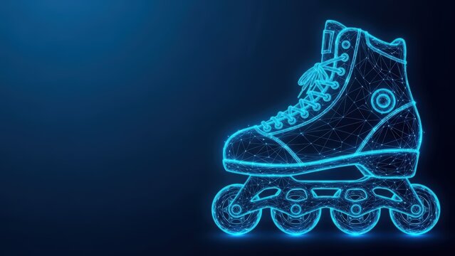 Abstract neon blue wireframe inline skate with wheels on a dark background