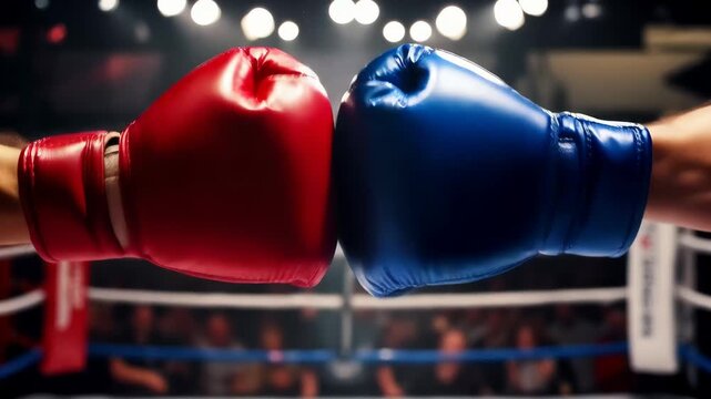 Two boxers prepare for a match with red and blue gloves in a ring with bright lights and an audience watching closely