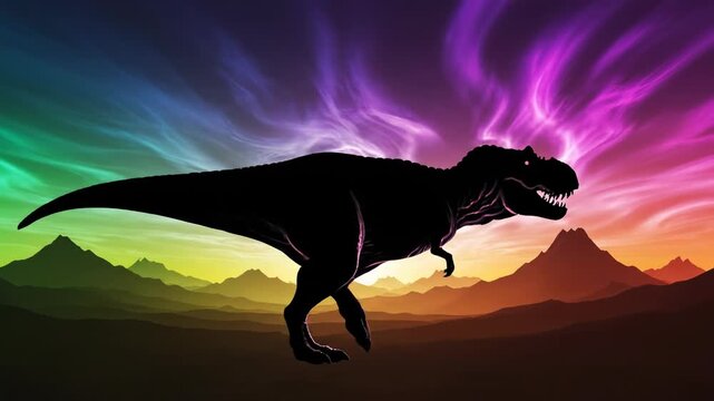 Abstract animation of a stylized Tyrannosaurus Rex silhouette walking seamlessly across a vividly changing gradient prehistoric horizon loop creature, vivid, motiongraphics